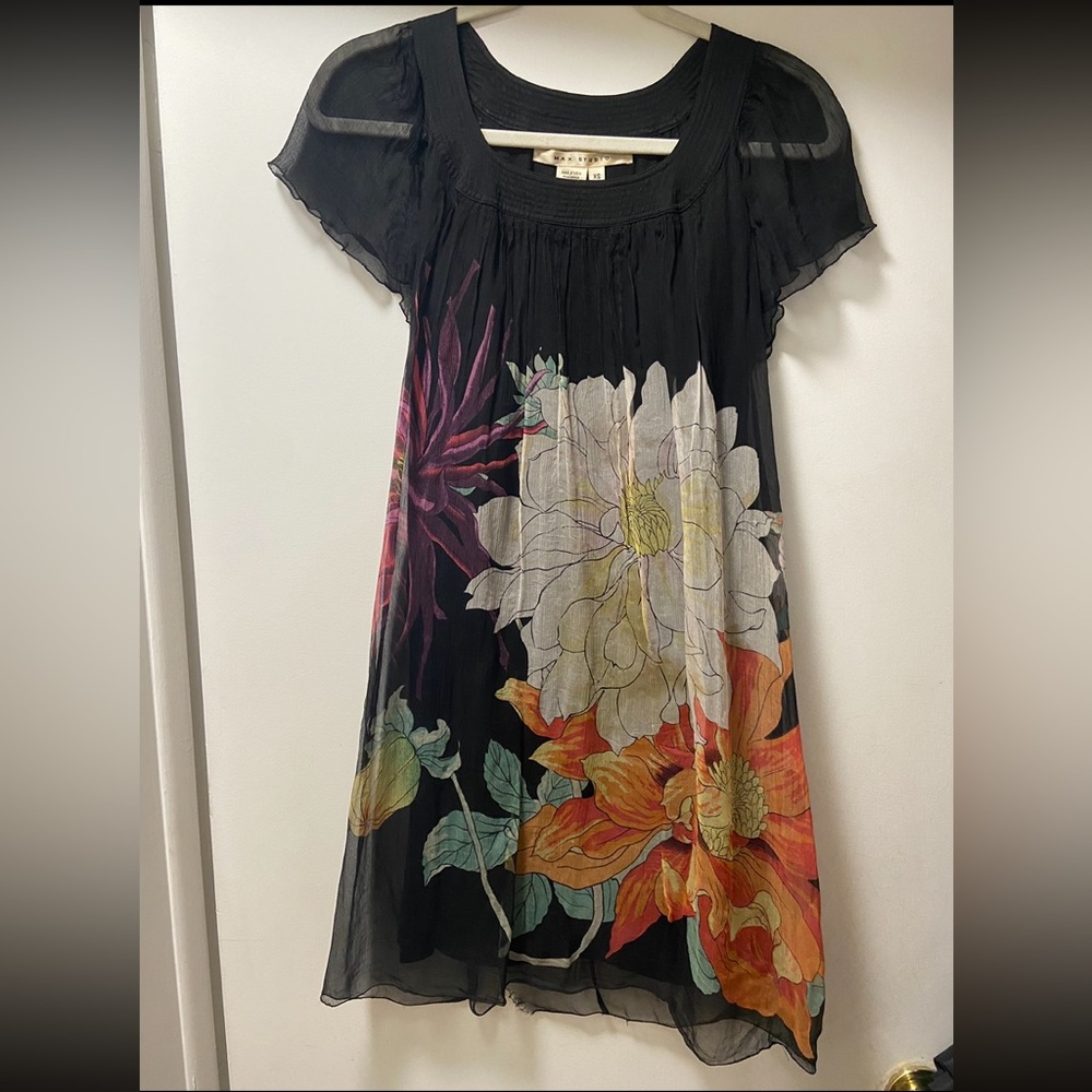 Max Studio Floral 100% Silk Flutter Sleeve Dress